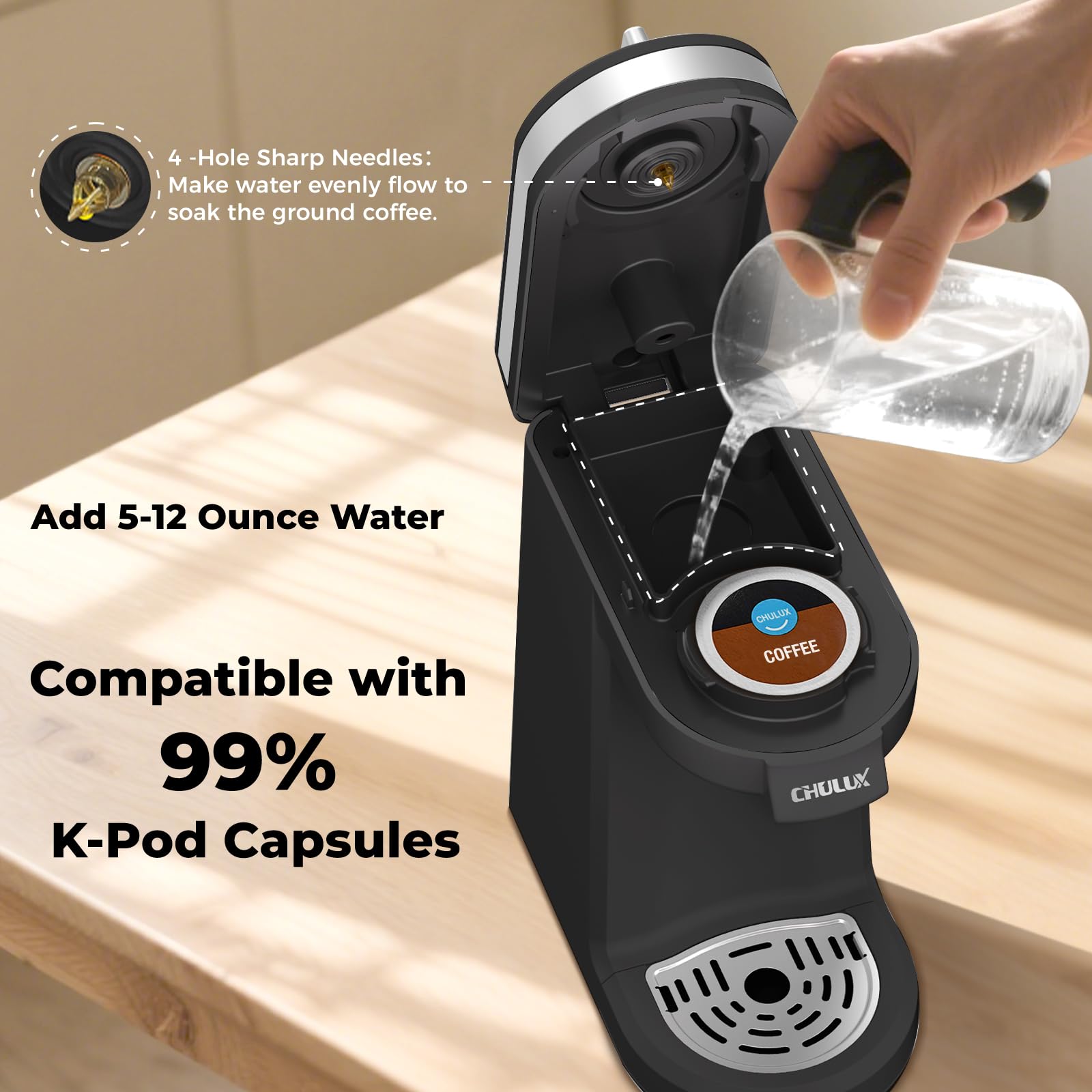 CHULUX brews hot coffee in about three minutes with indicator light
