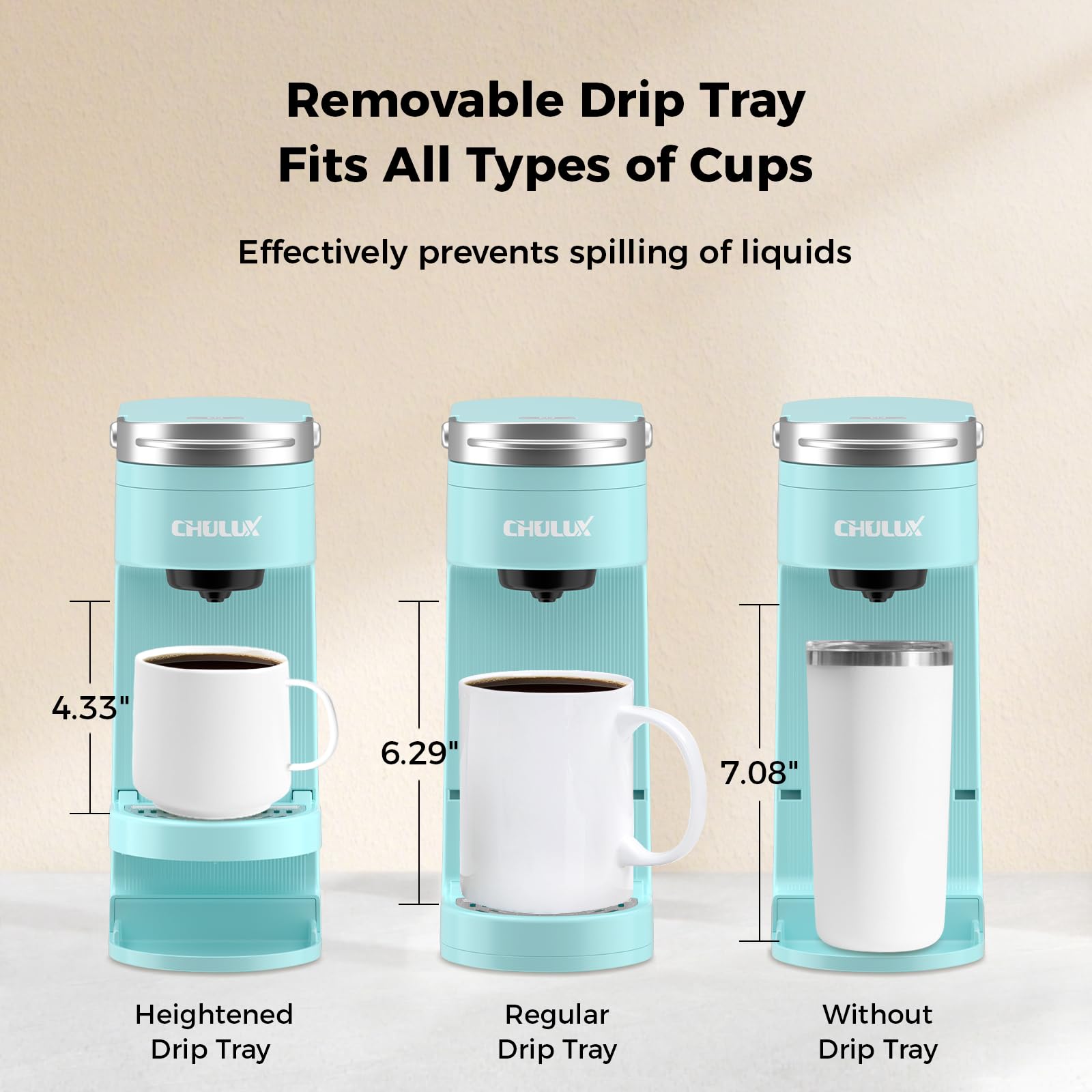 CHULUX Slim adjustable drip tray fits various cups.