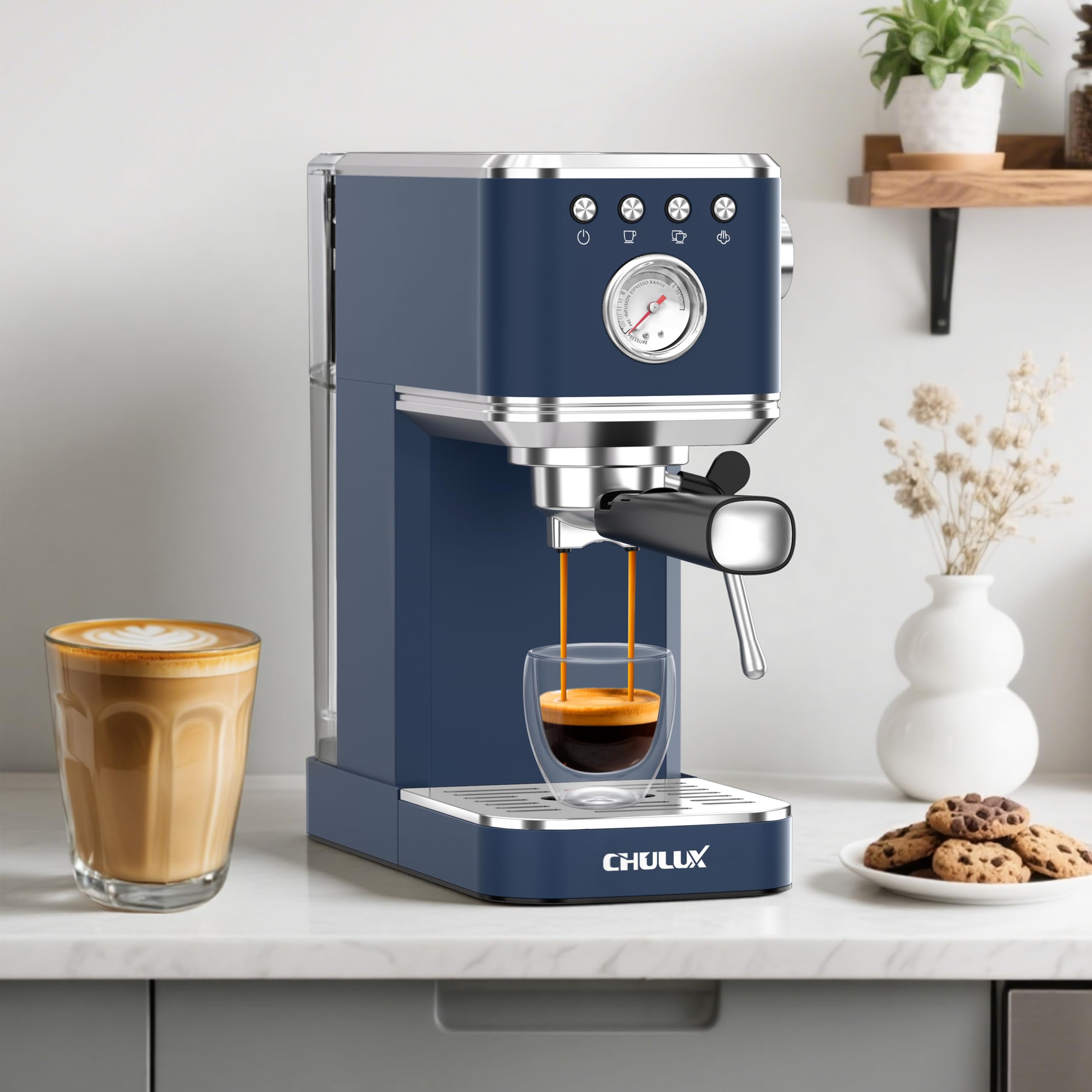 CHULUX Slim Espresso Machine steam wand creates creamy microfoam for lattes.