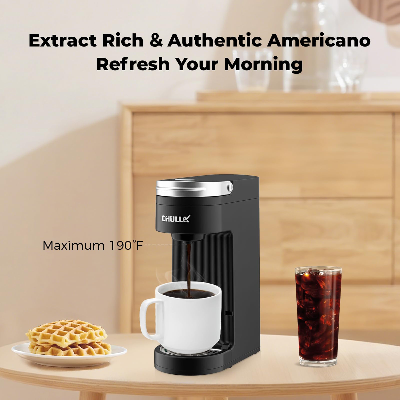 CHULUX Slim fast brew shows 190°F in about two minutes for quick coffee.