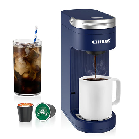 CHULUX Slim coffee maker front view, compact navy unit for small spaces.