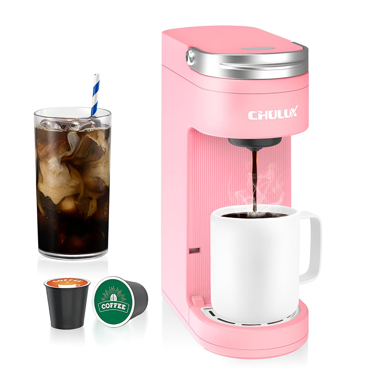 CHULUX Slim Single Serve Coffee Maker side view showing K-Pod compatibility for quick cups.