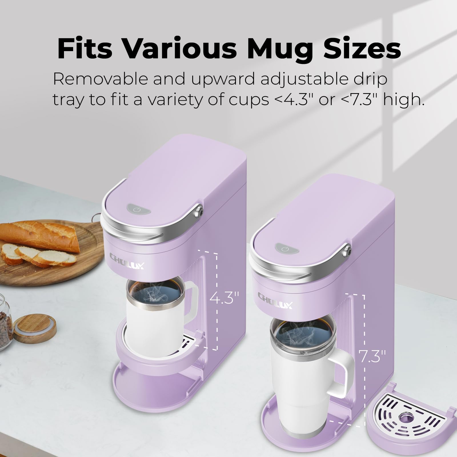 CHULUX Slim coffee maker lavender, close-up on 2-in-1 pod compatibility for K-Cup 1.0 and 2.0.