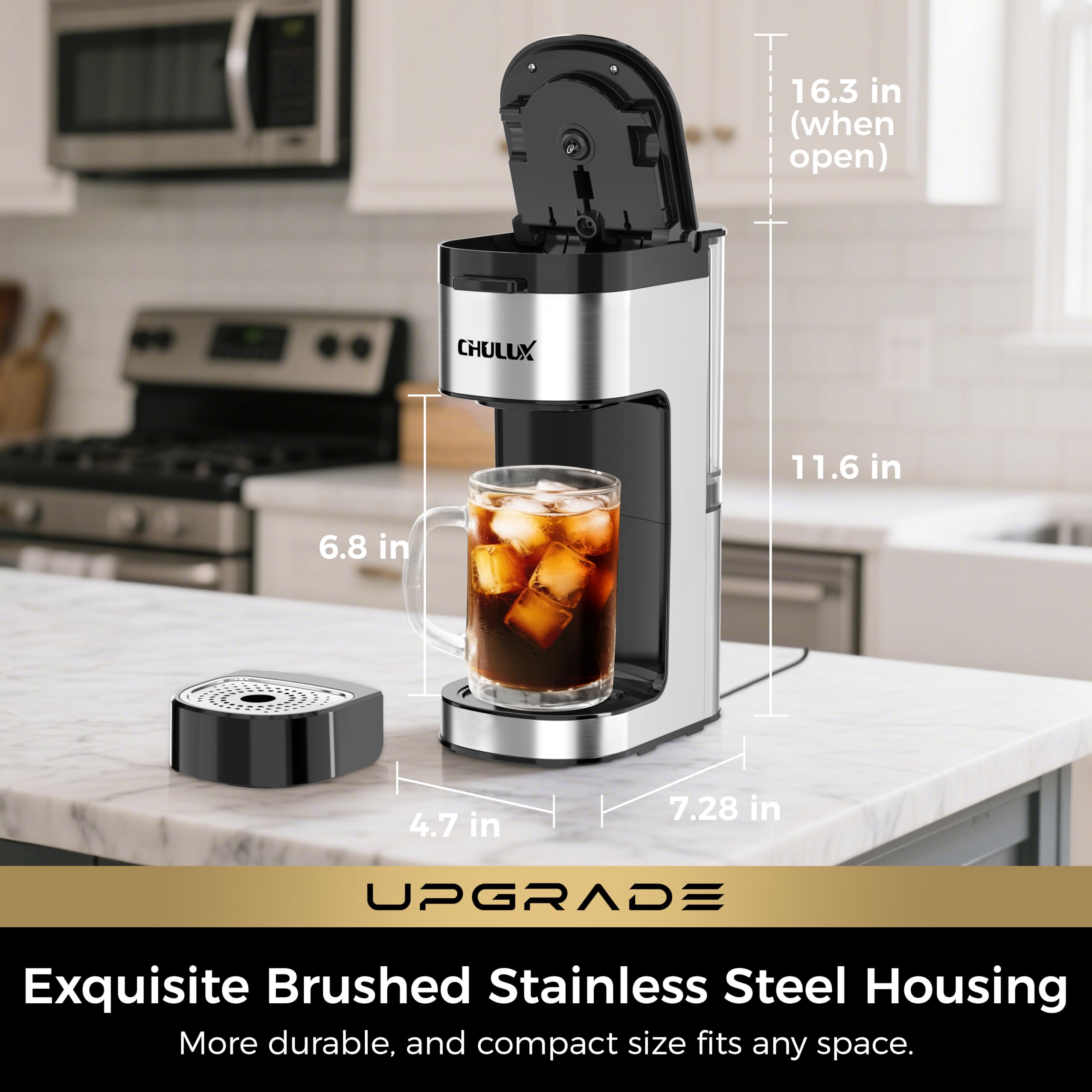 CHULUX Upgrade double drip tray for spill-free use with mugs.