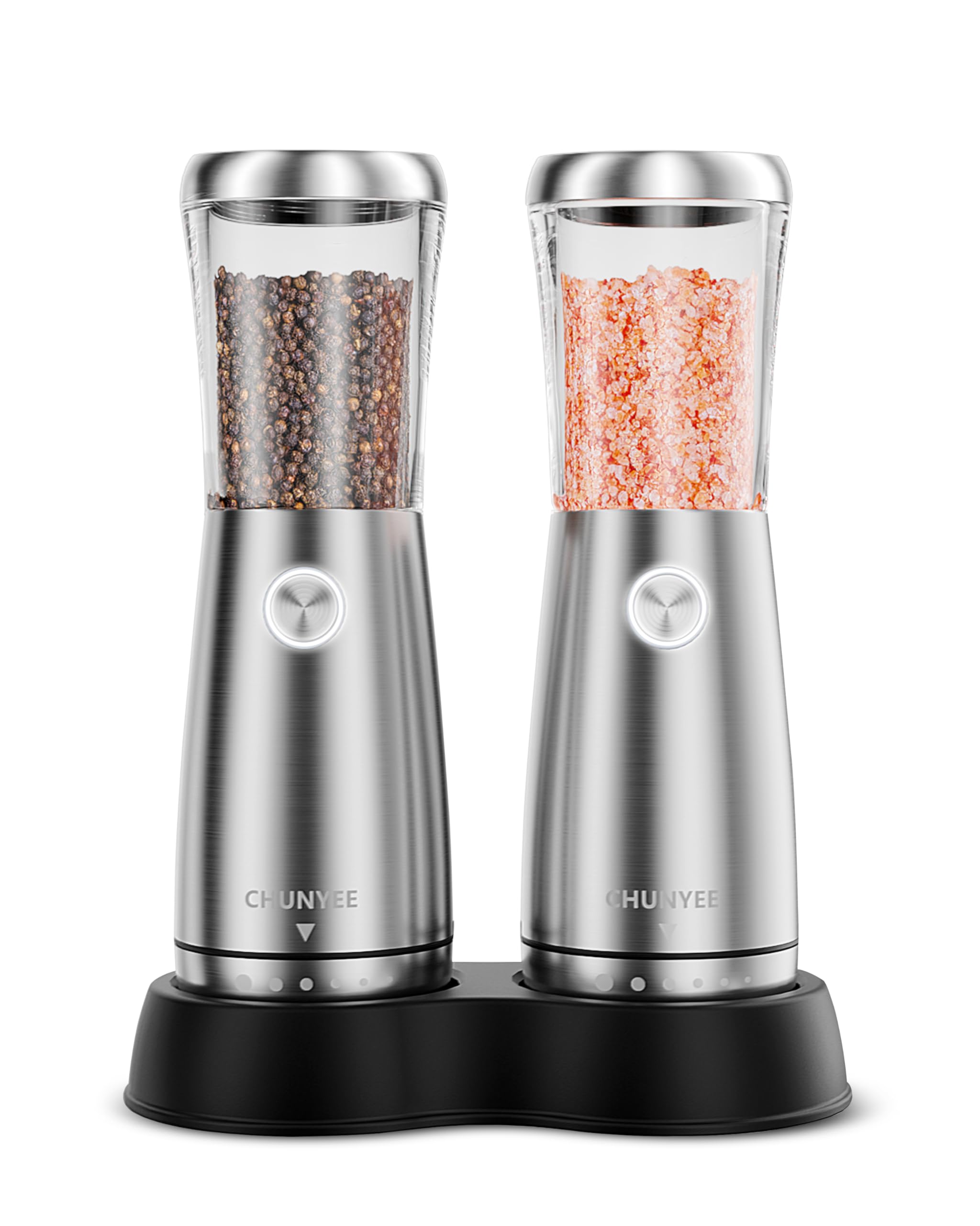 Chunyee electric salt and pepper grinder set assembly view with premium stainless steel design.