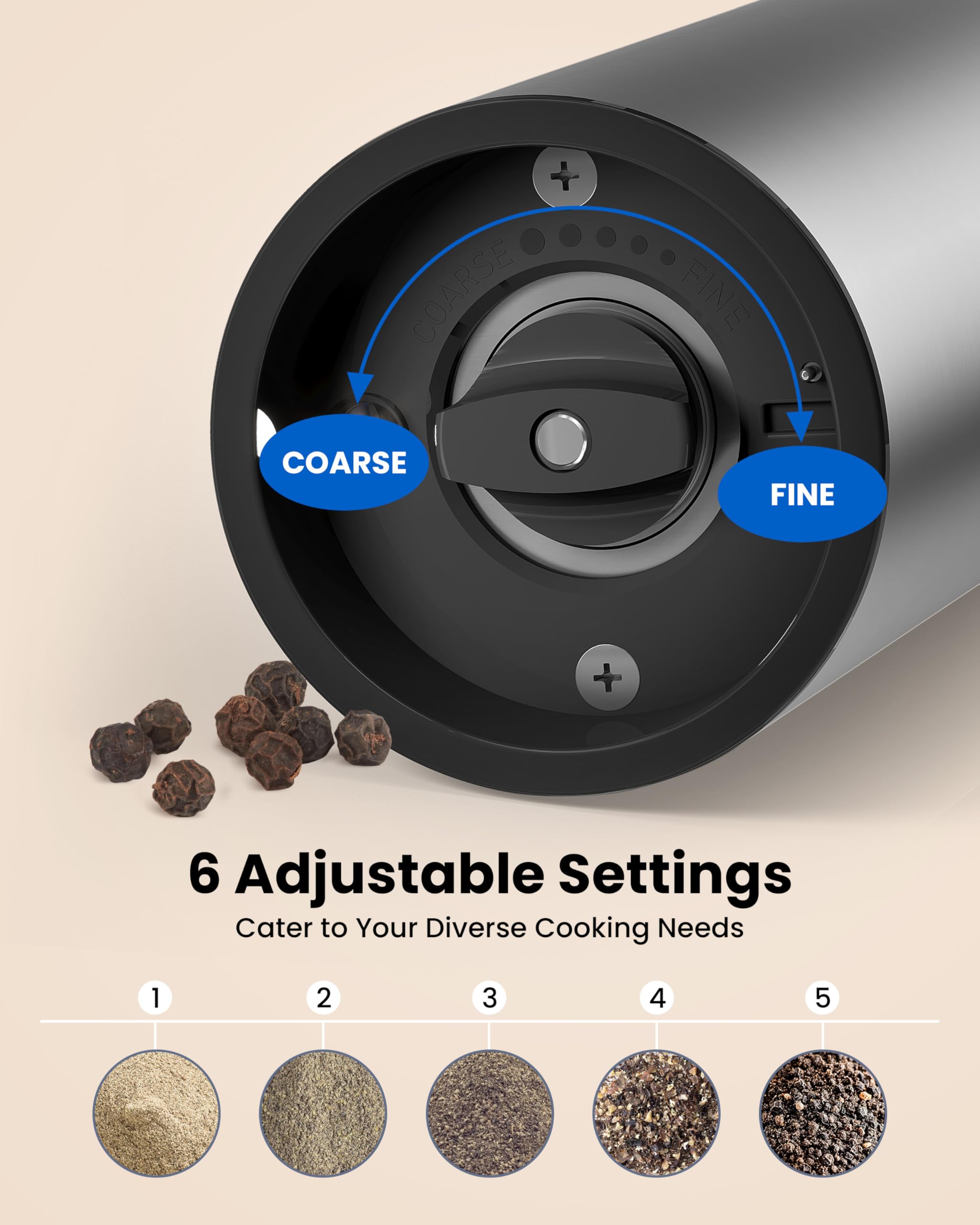 Chunyee grinder adjustable coarseness for fine to coarse seasoning.