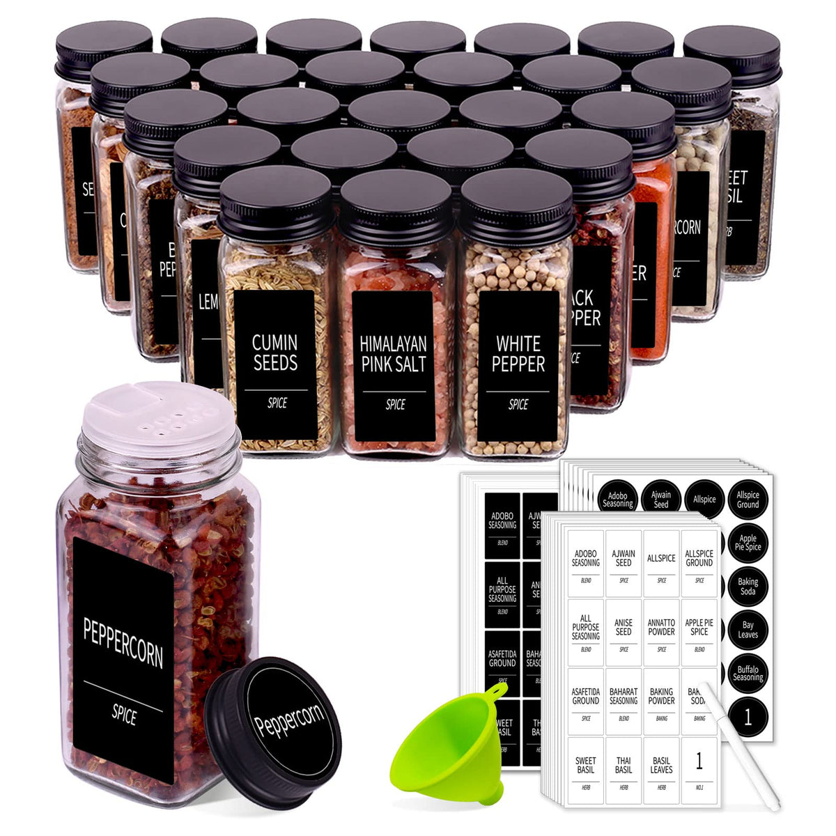 Churboro 25-spice jars in square glass for tidy kitchen organization
