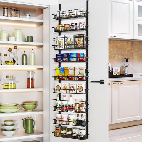 Churboro over-the-door pantry rack with adjustable baskets for organized spice storage.