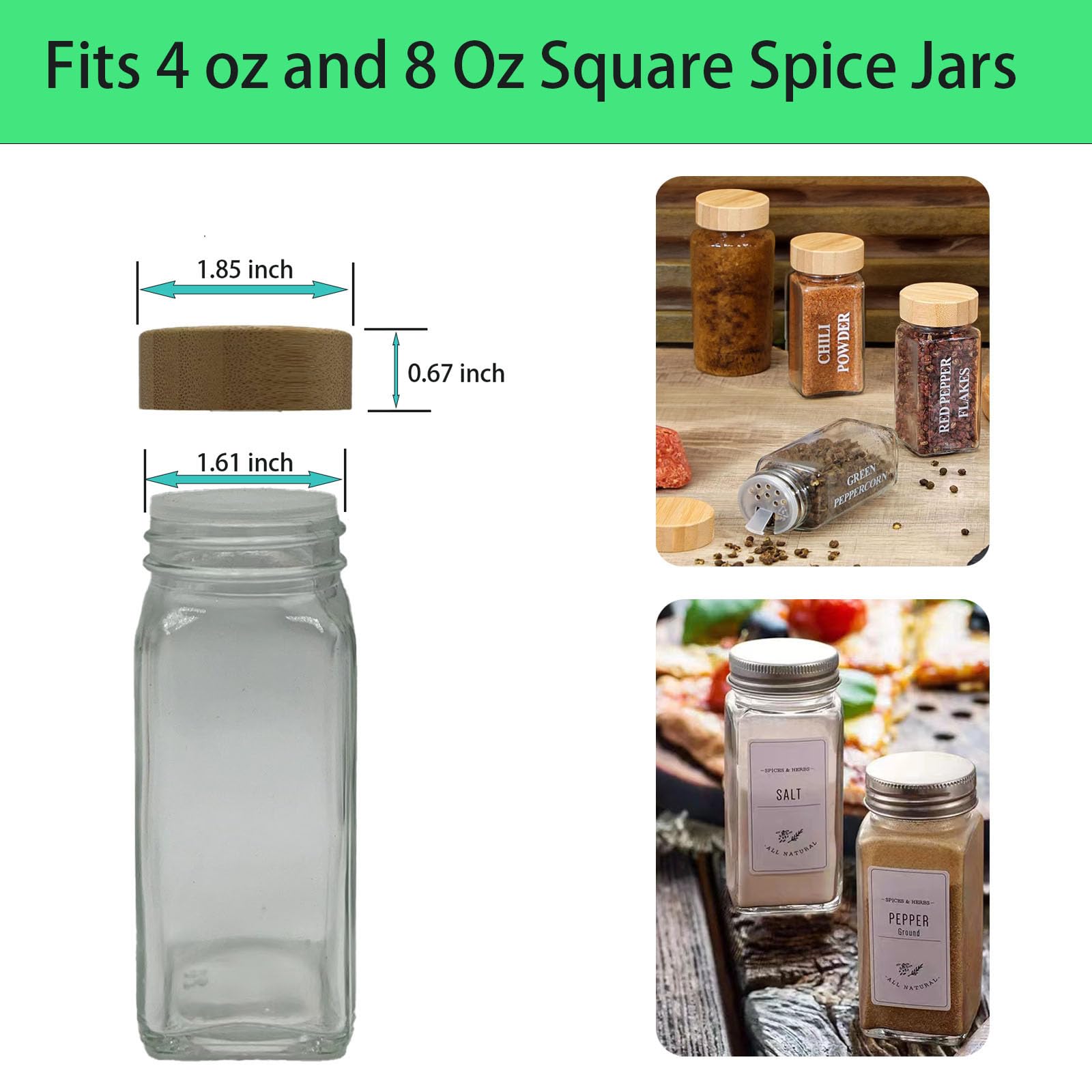 chyxqh bamboo spice lid square 4oz set demonstrates easy reseal and organized shelves.