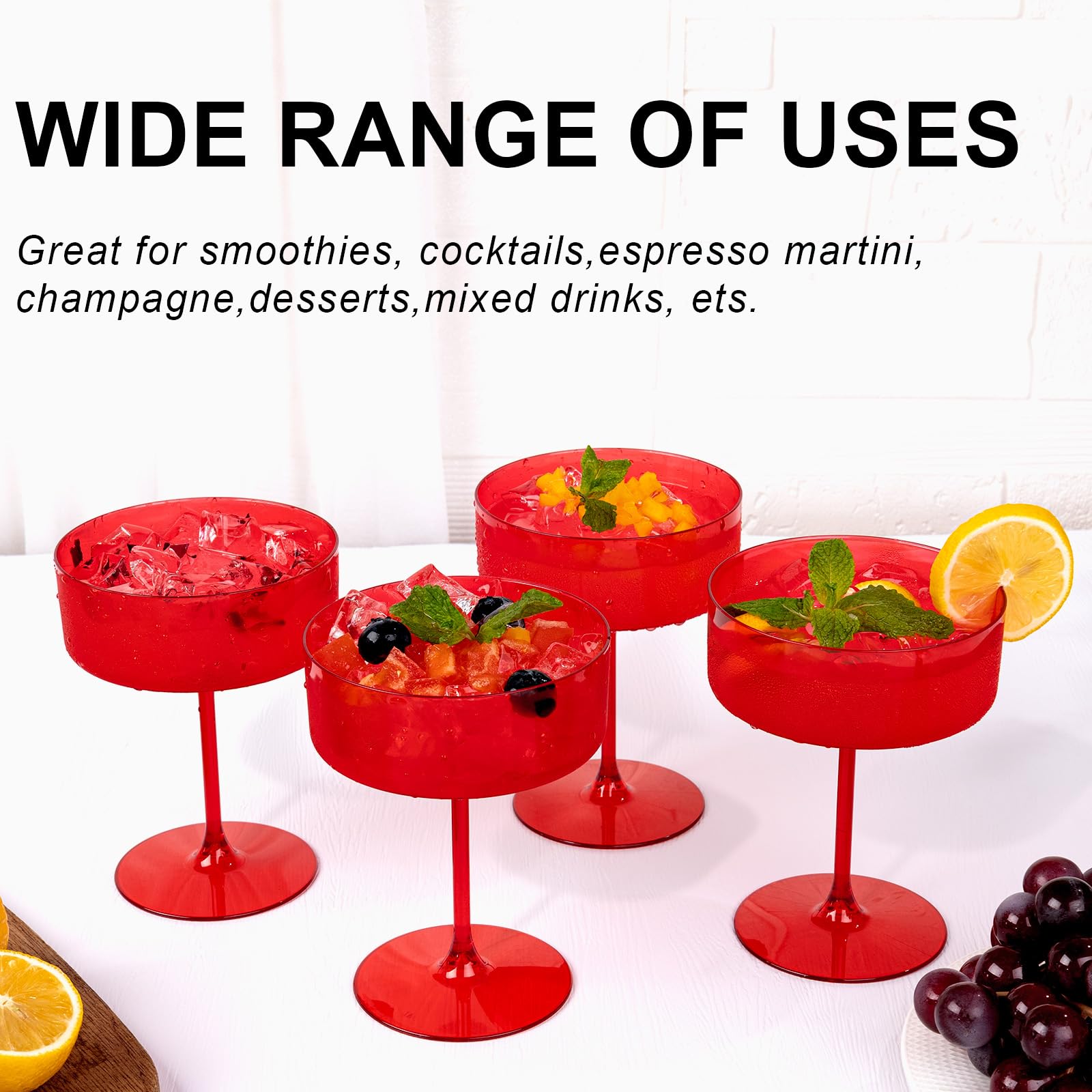 Ciaell red stemmed coupe glasses ideal for champagne toasts.