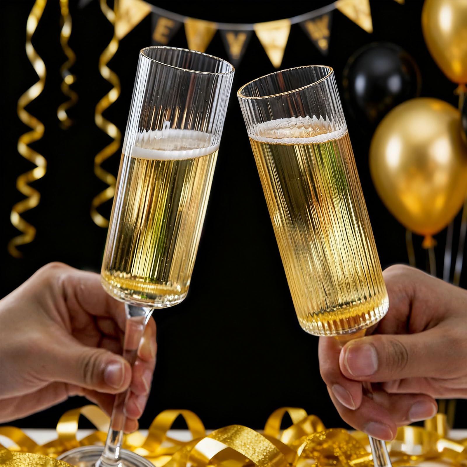 Ciaell flute's cylinder design catches light as you pour sparkling wine