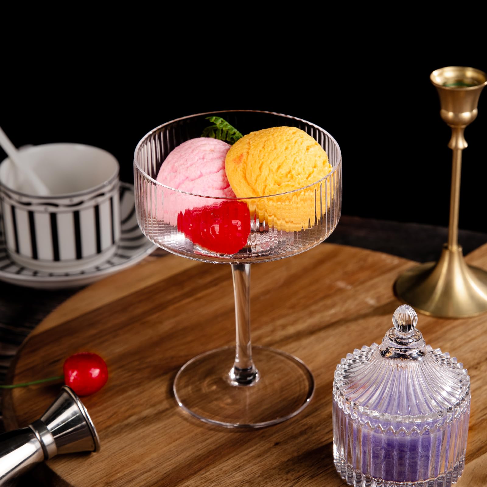 Ciaell cocktail party setup with ribbed coupe glasses on table