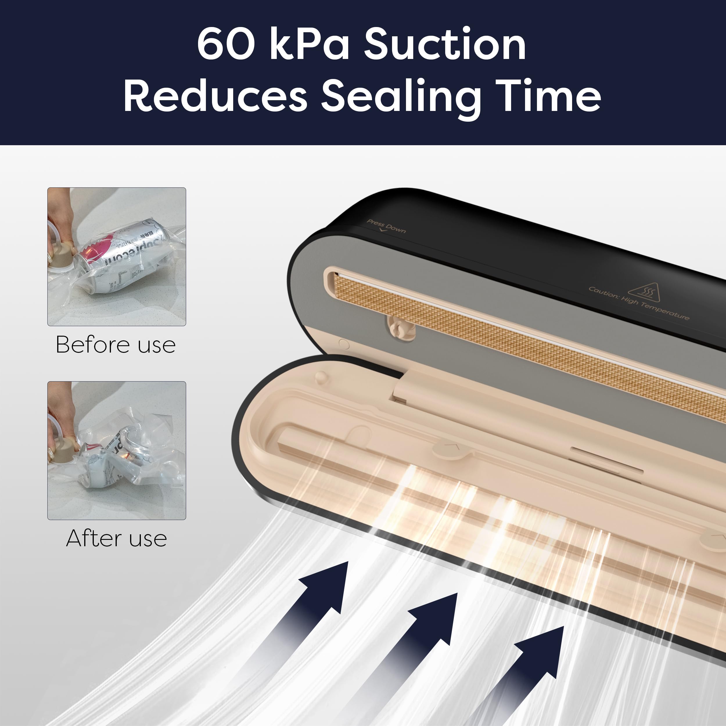 CIARRA handheld vacuum sealer 60 kPa suction ensures secure bag closure