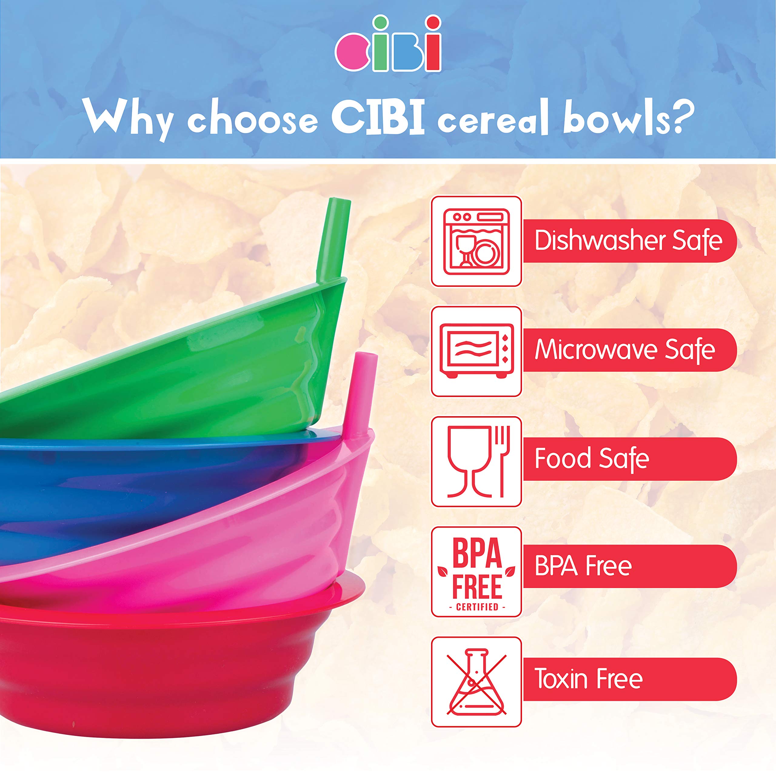 Cibi pink straw cereal bowl, built-in sip helper for easy sipping