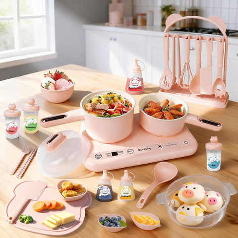 Cicicooie mini cooking set pink front view showing kid-friendly stove and controls for hands-on play