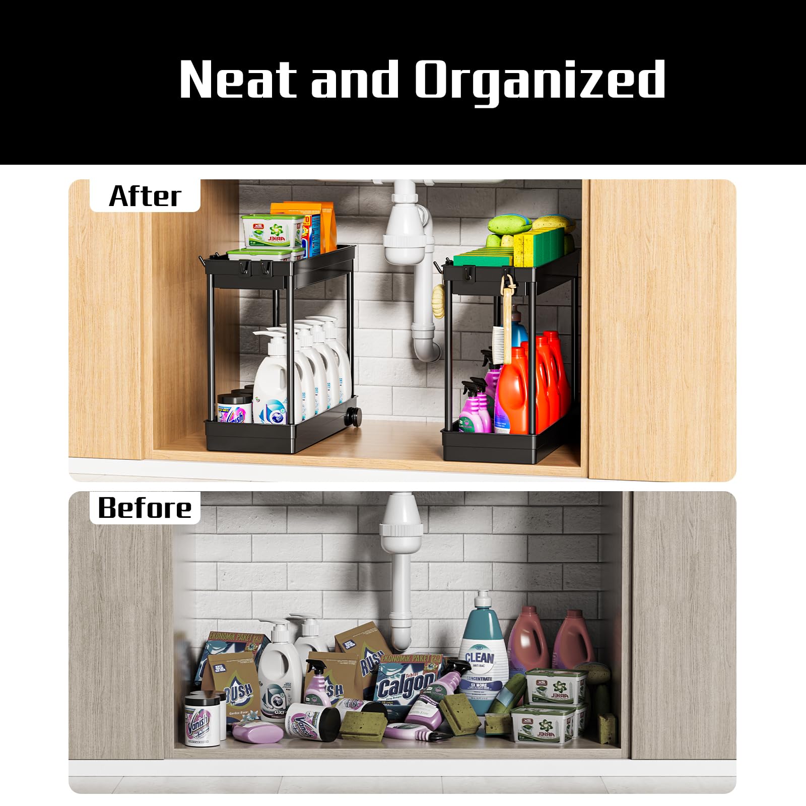 Cicilyna under-sink rack includes a hook for towels and tools