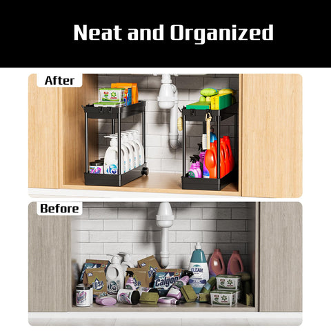 Cicilyna under-sink rack includes a hook for towels and tools