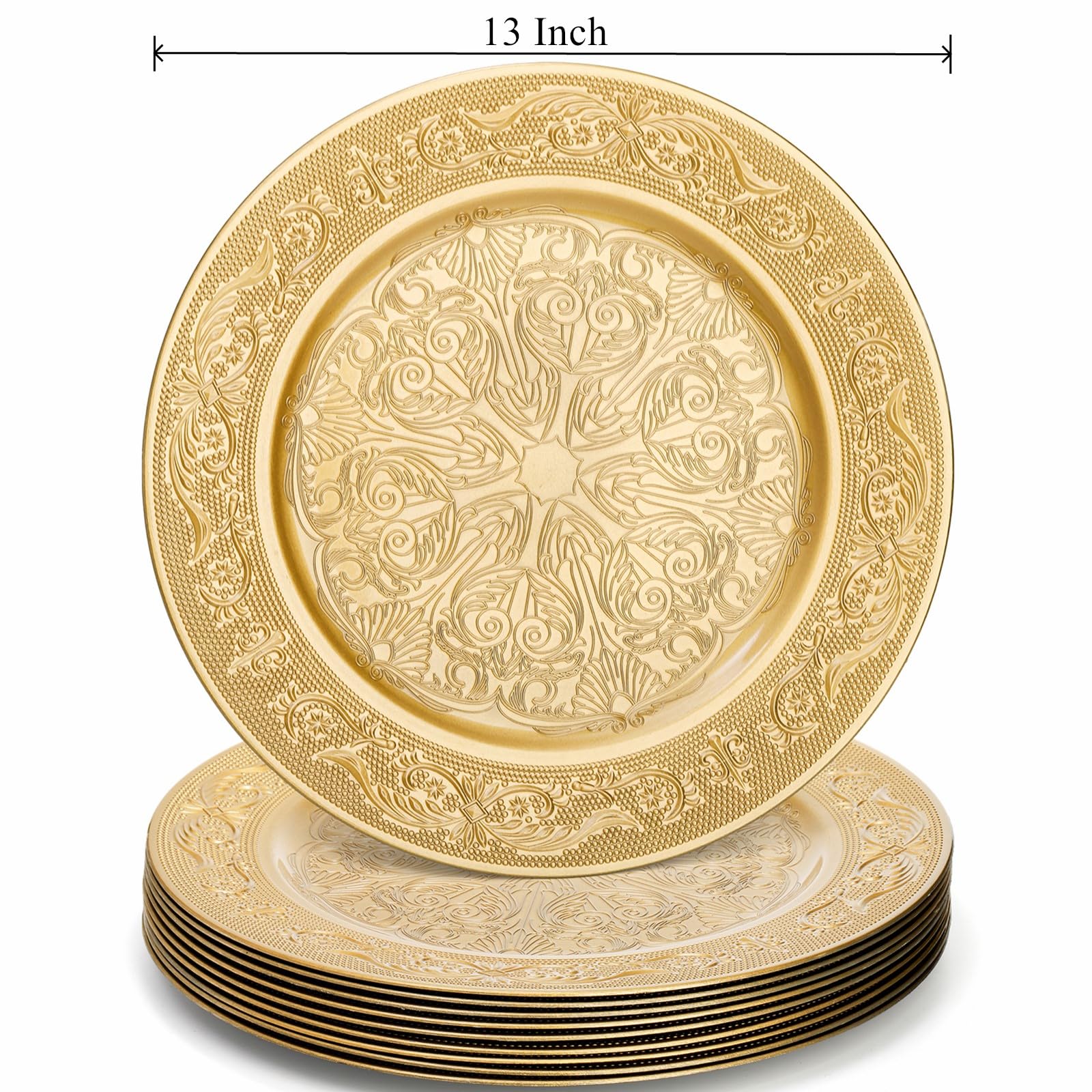 Cididu charger plates with embossed pattern add vintage charm to events.
