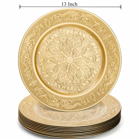 Cididu charger plates with embossed pattern add vintage charm to events.