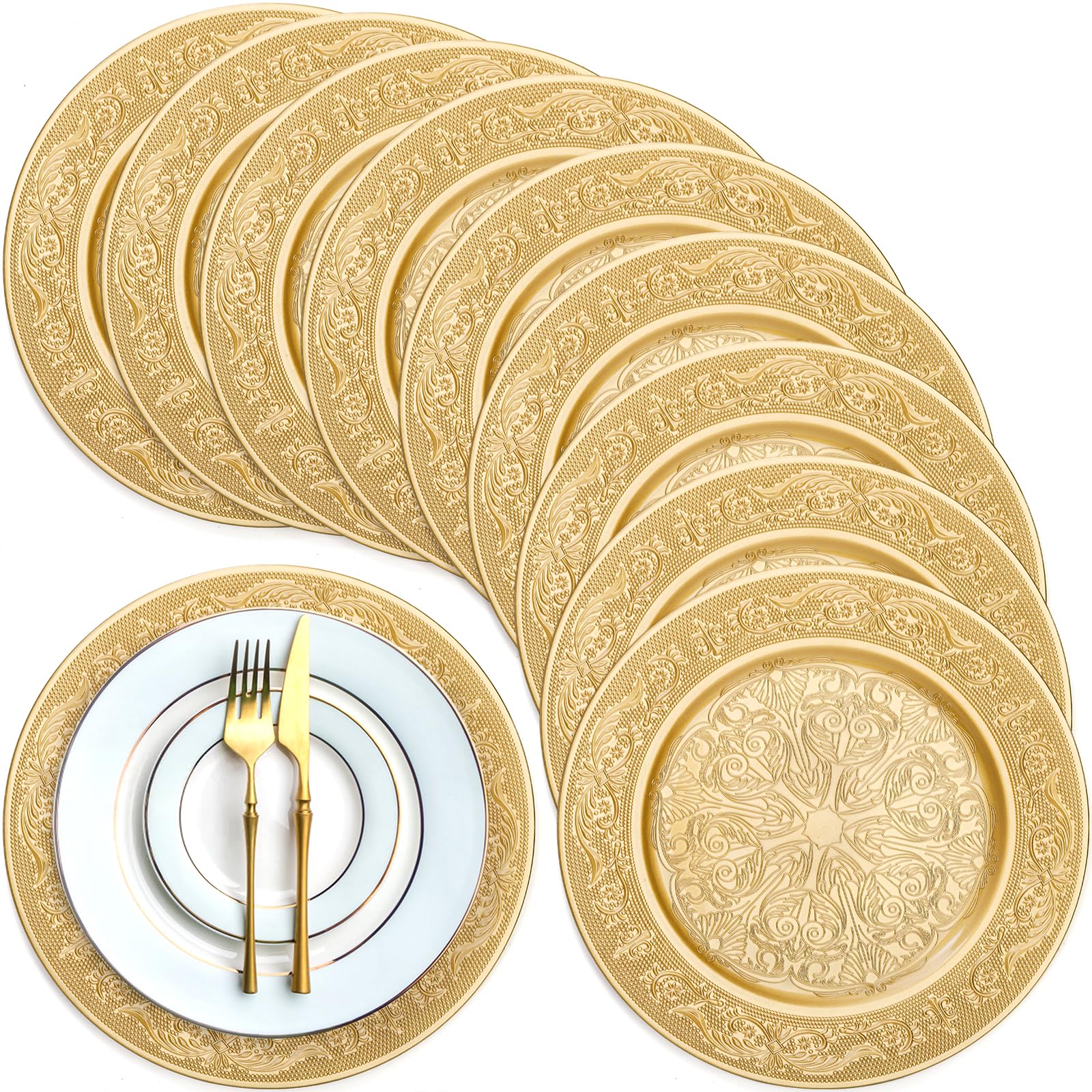 Cididu 13-inch charger plates fit standard dinner plates for quick setups.