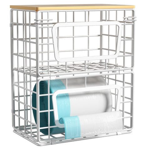 Cinati bamboo-top trash bag dispenser under sink showing dual-layer design for organized storage