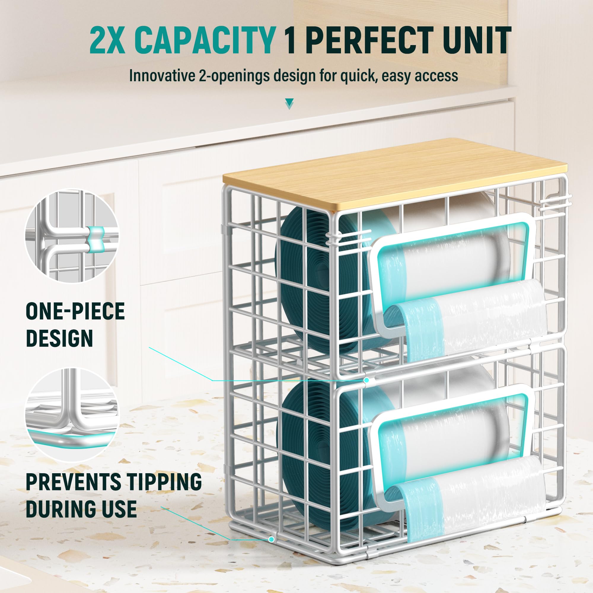 Cinati two-layer trash bag dispenser front view with large access opening