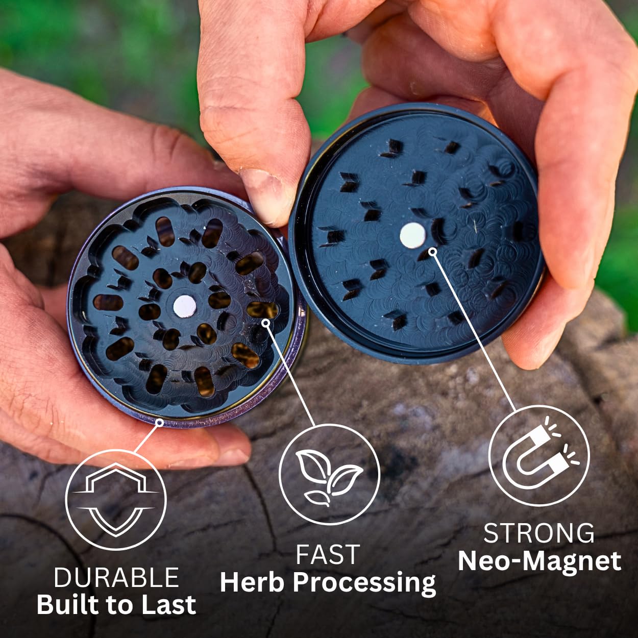 Cinder Brands magnetic lid securing the grinder during use
