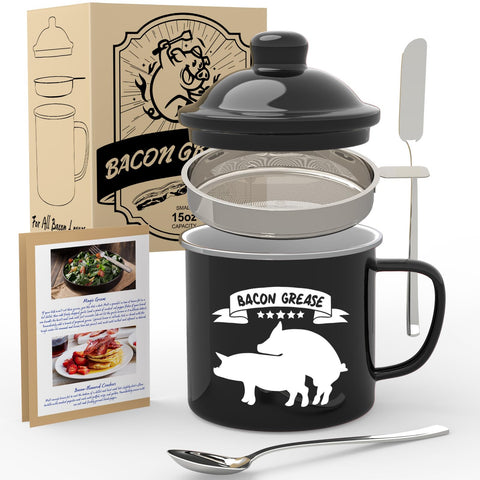 CINNIE&JHIN bacon grease container with strainer showing clear filtration and pour spout