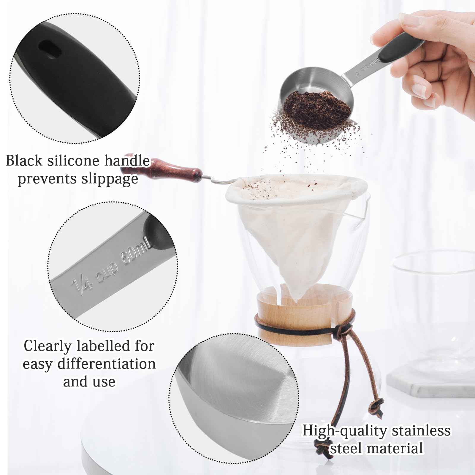 Cionyce two-piece stainless steel coffee scoops provide durable measuring for coffee prep.