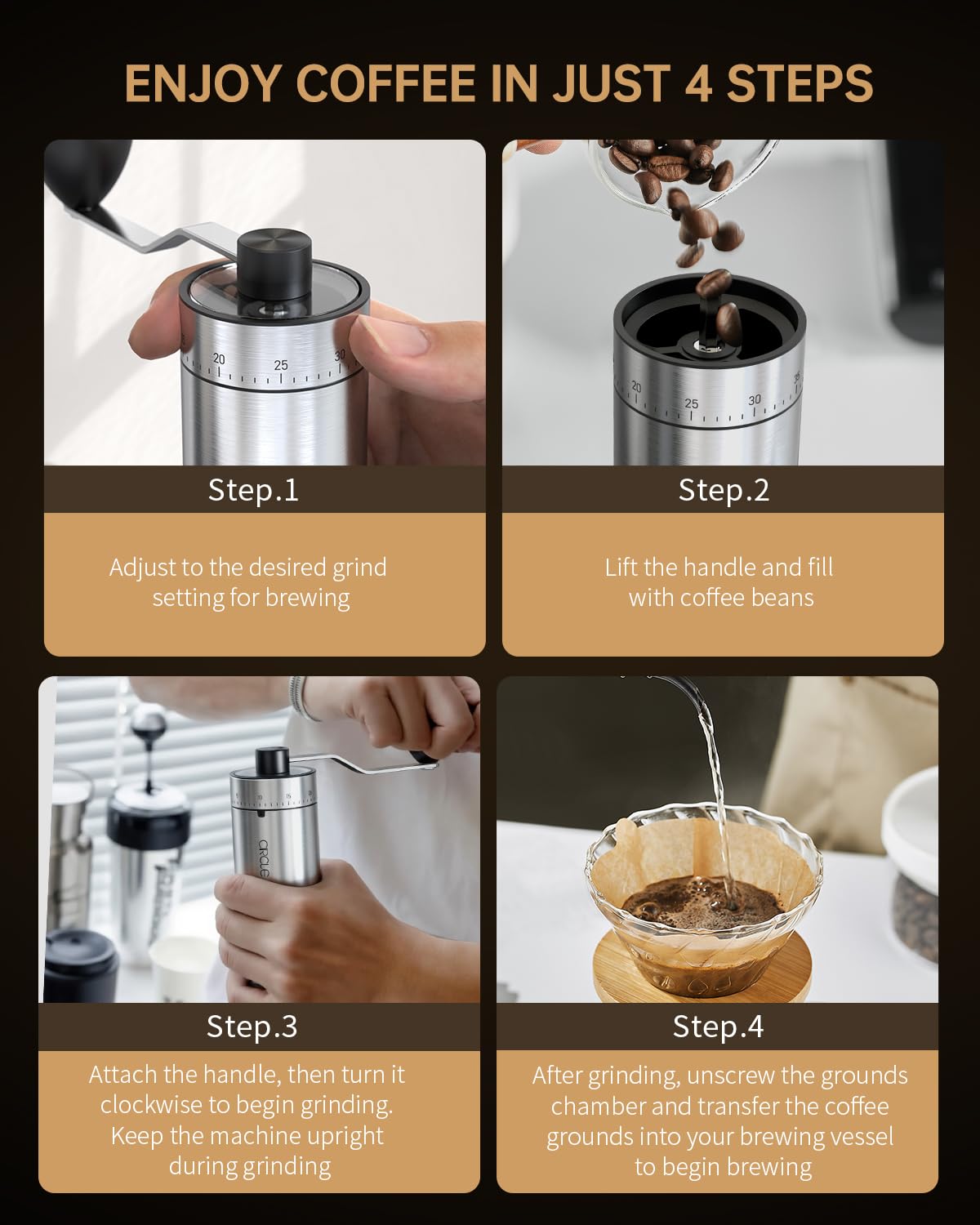 CIRCLE JOY 40 external grind settings cover espresso to French press for versatility.