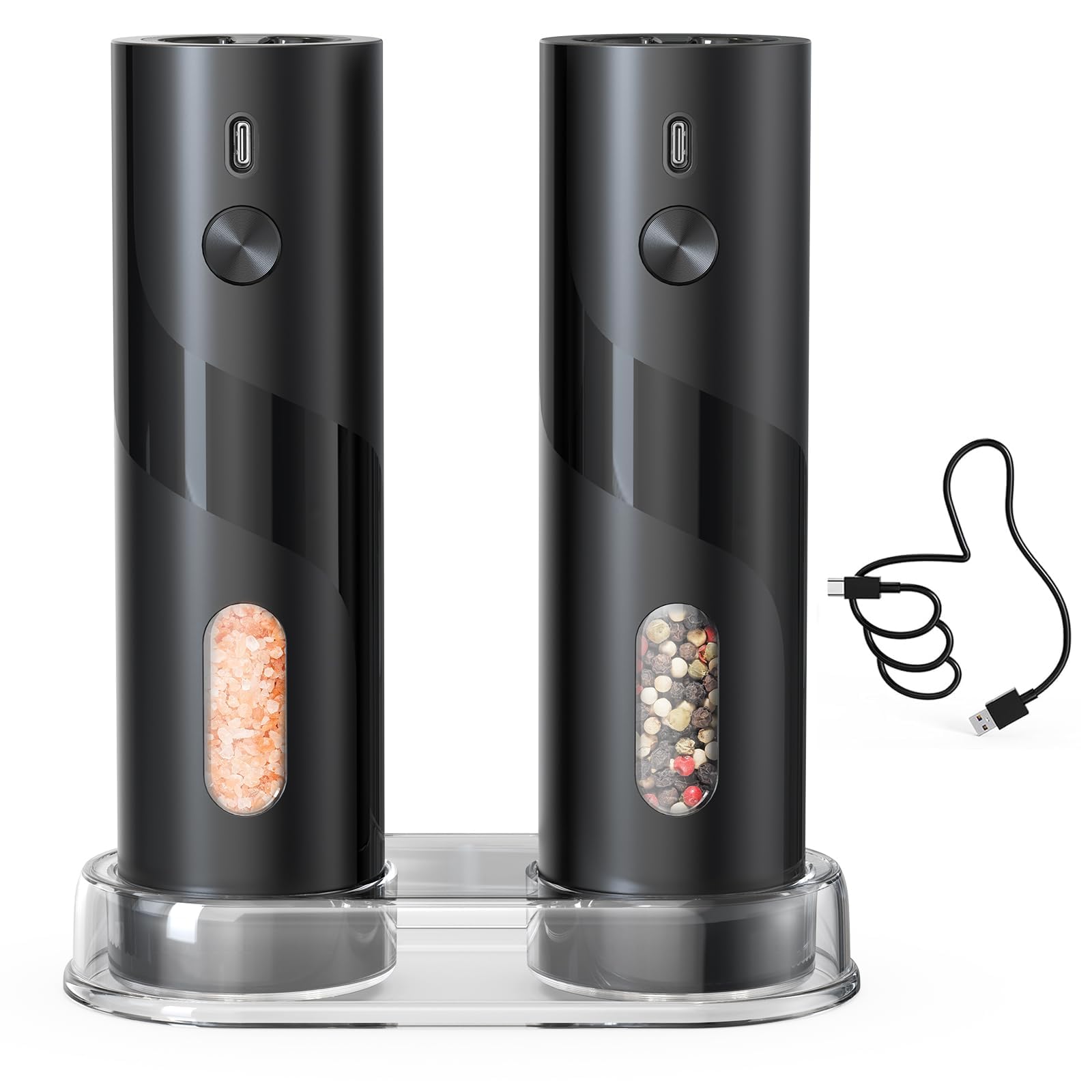 Circle Joy rechargeable salt and pepper grinder base with dual mills for easy kitchen prep.