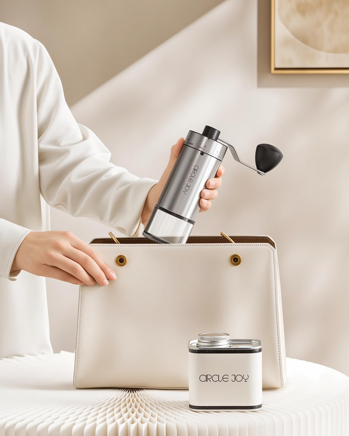 CIRCLE JOY portable grinder ideal for camping and travel due to its lightweight, space-saving form.