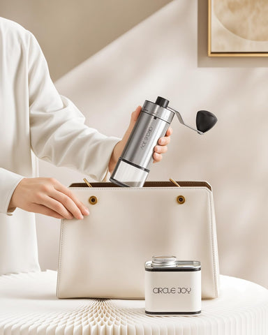 CIRCLE JOY portable grinder ideal for camping and travel due to its lightweight, space-saving form.