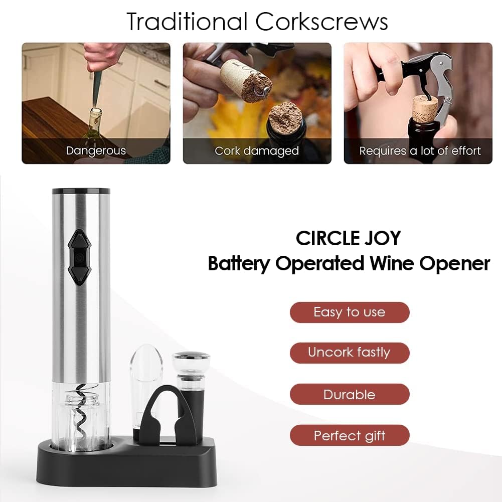 Circle Joy cordless corkscrew close-up with battery compartment, emphasizing simple operation.