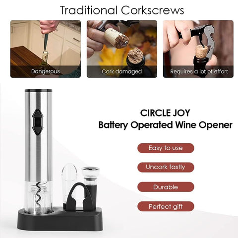 Circle Joy cordless corkscrew close-up with battery compartment, emphasizing simple operation.