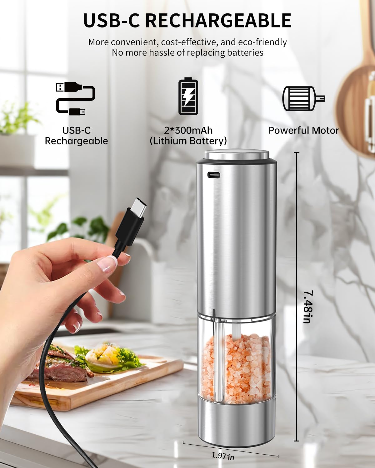 Circle Joy grinder USB-C rechargeable battery enables uninterrupted seasoning.