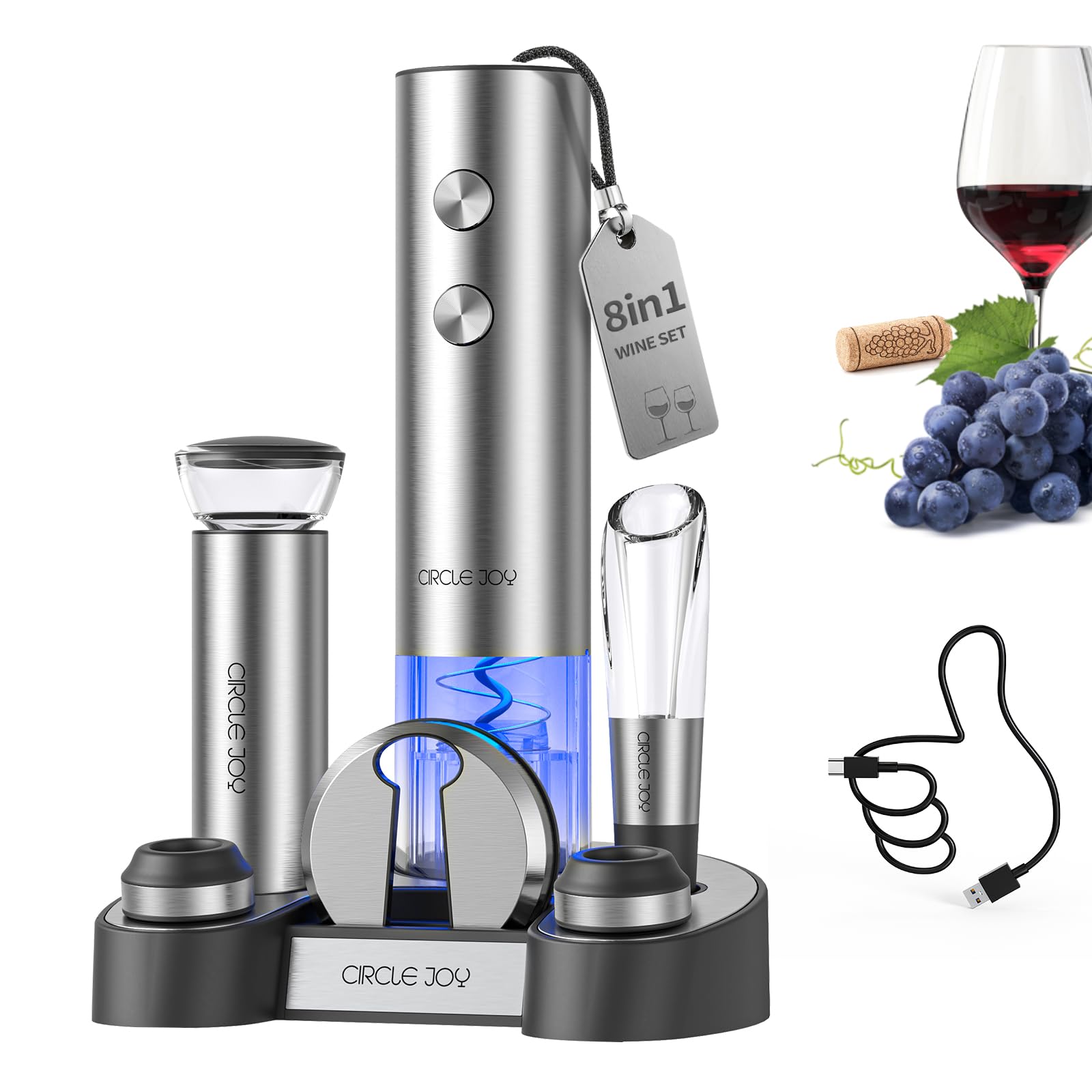 Circle Joy electric wine opener on charging base simplifying cork removal.