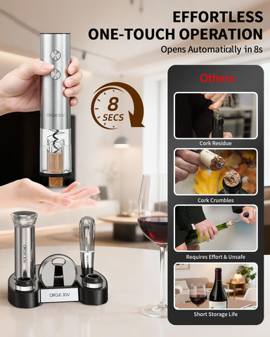 Circle Joy electric wine opener front view with sleek stainless steel body.