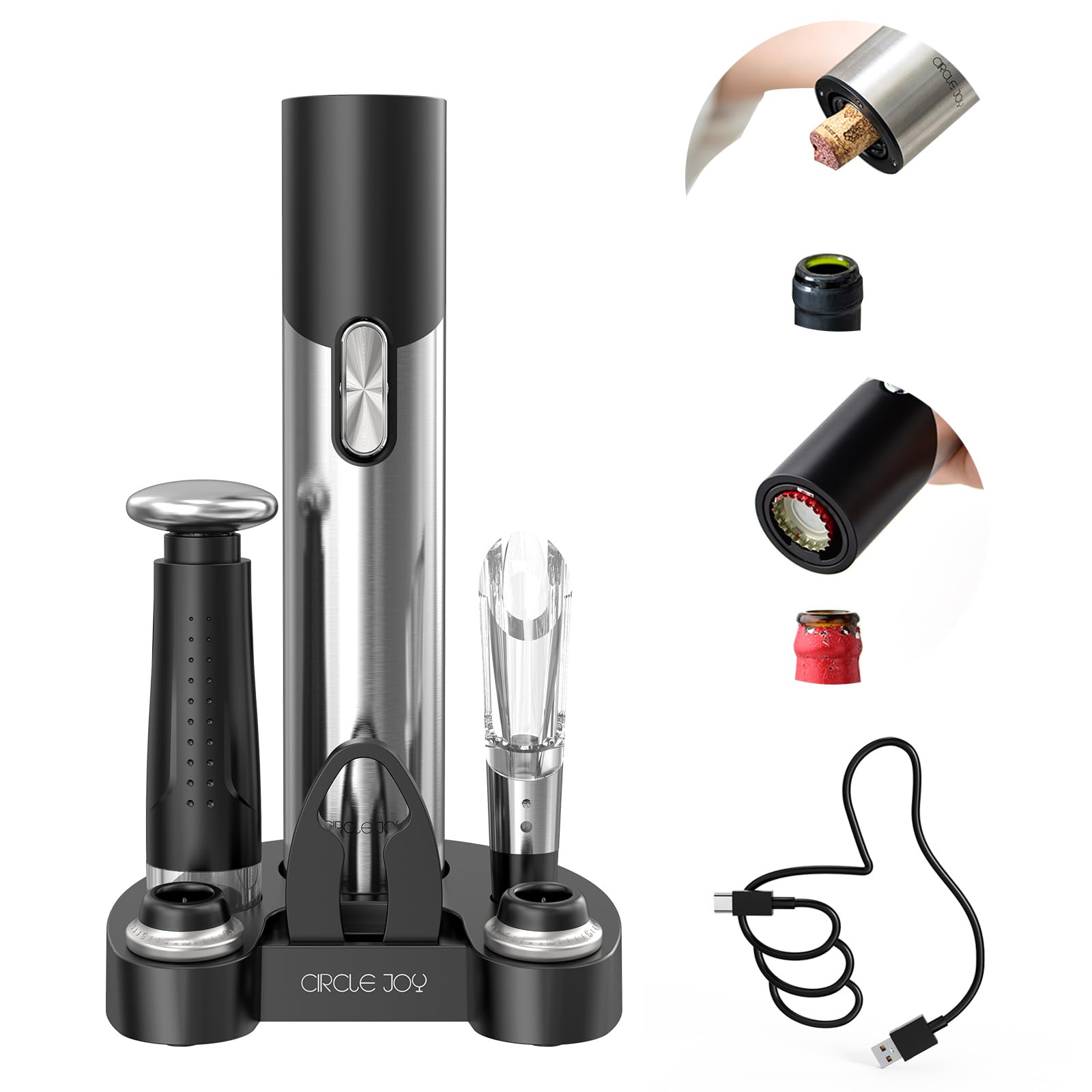 CIRCLE JOY electric wine opener kit main image showing sleek design for easy bottle opening.