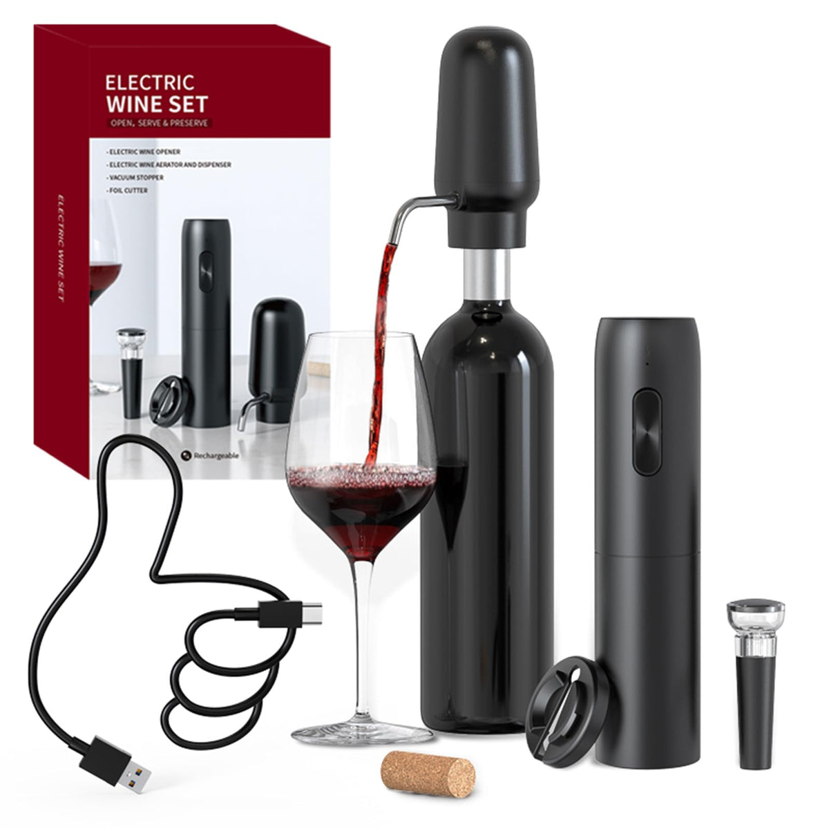 Circle Joy electric wine opener with foil cutter in action, effortless cork removal.