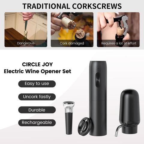 Circle Joy rechargeable corkscrew demonstrates built-in aerator for quicker aroma release.