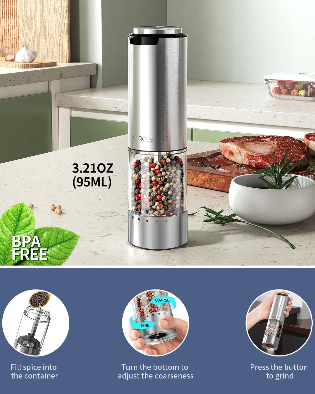 Circle Joy external coarseness adjustment offers touch-free texture control.