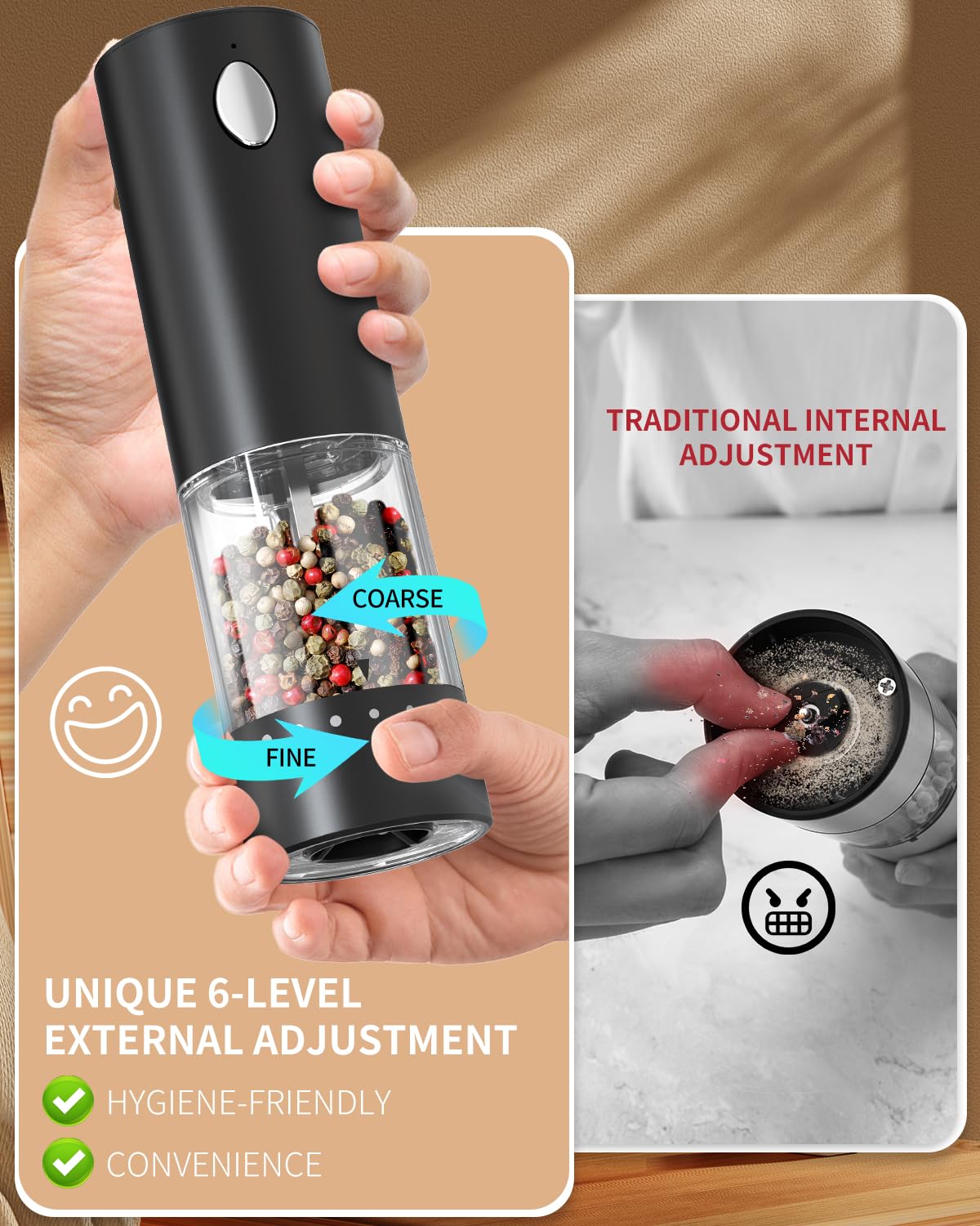 CIRCLE JOY external coarseness dial lets you adjust grind size without touching the head