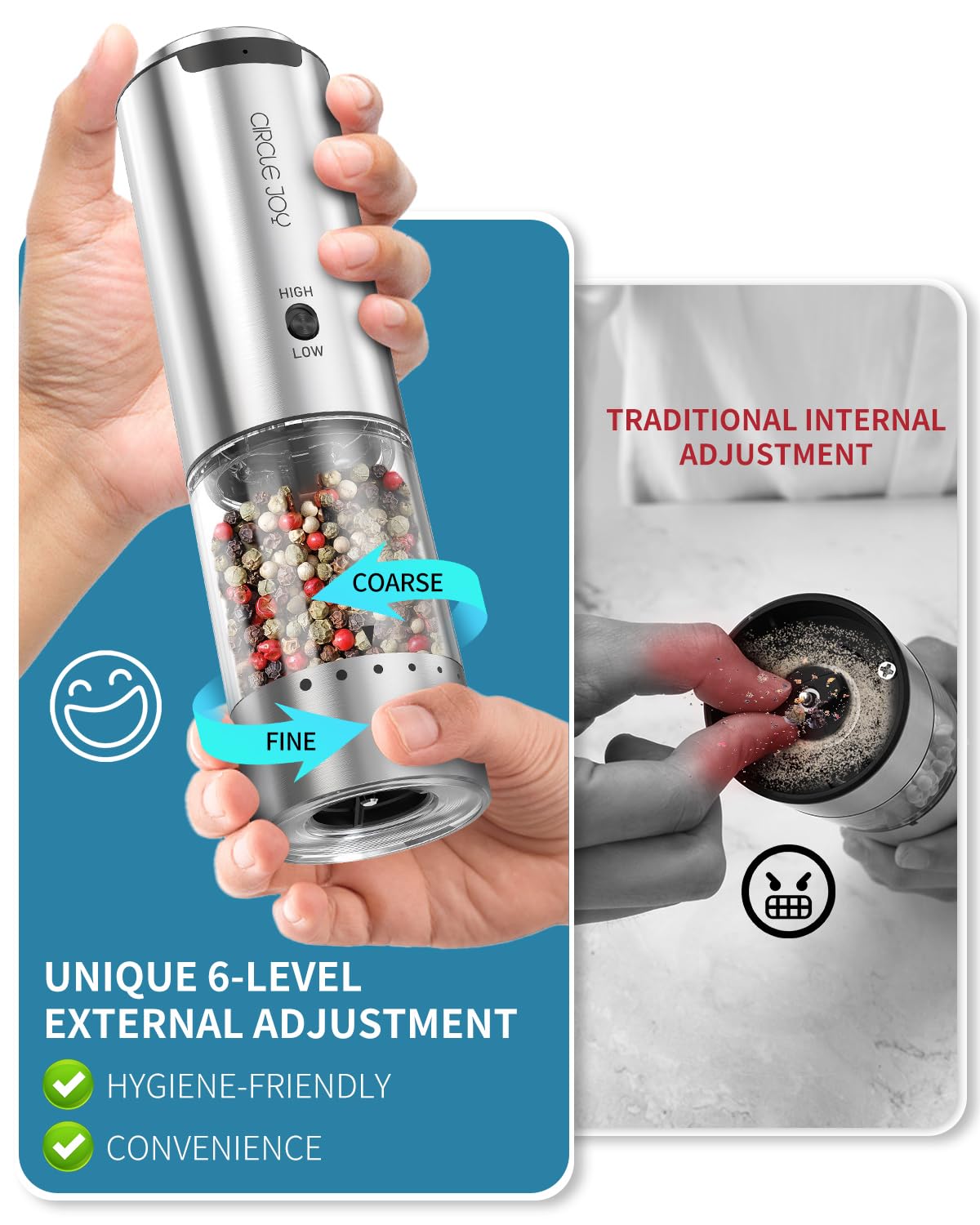 Circle Joy external coarseness dial enables mess-free texture control.