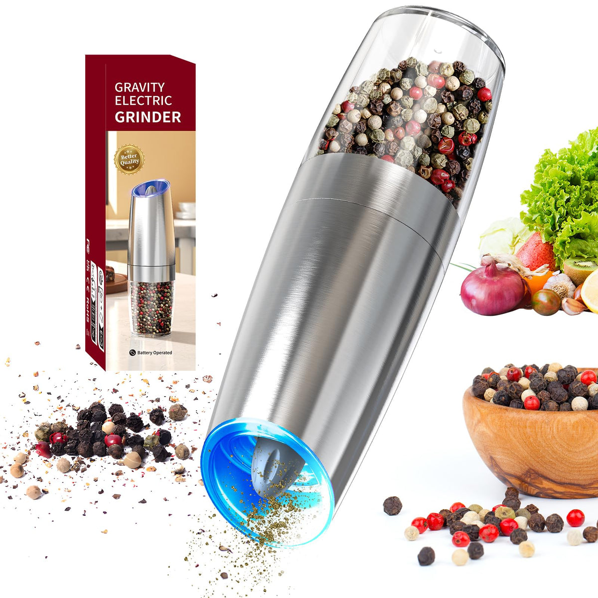 Circle Joy gravity electric pepper grinder front view for one-handed use