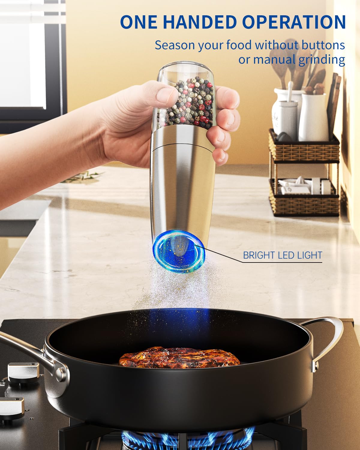 Circle Joy gravity grinder with blue LED light on for precise seasoning