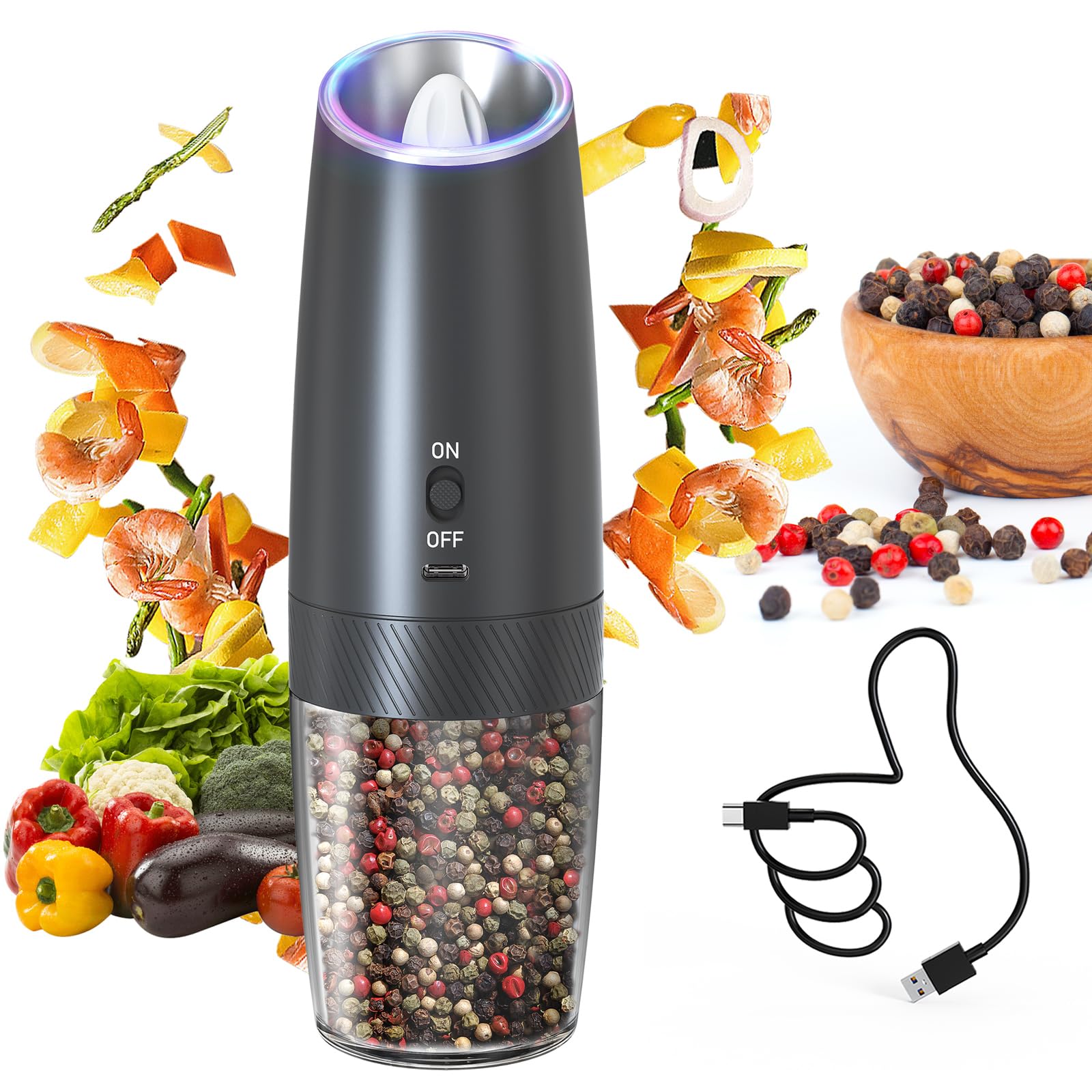 Circle Joy gravity electric pepper grinder with LED light for precise seasoning in low light