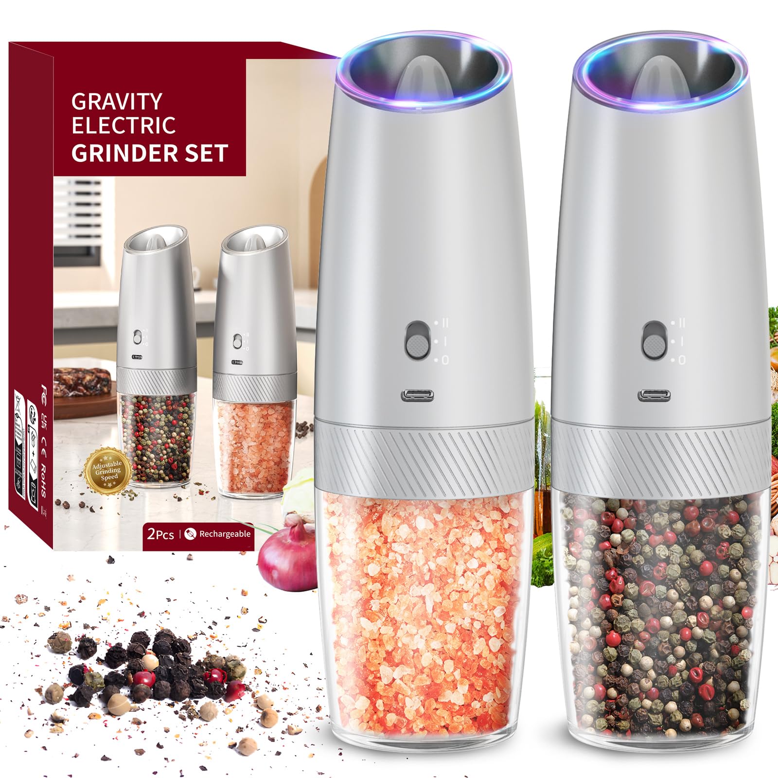 Circle Joy gravity electric grinder front view showing precise seasoning ready for dinner prep
