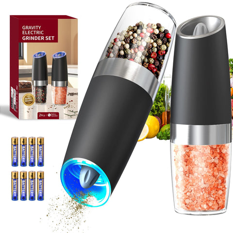 Circle Joy gravity electric salt and pepper set shown for easy one-handed seasoning