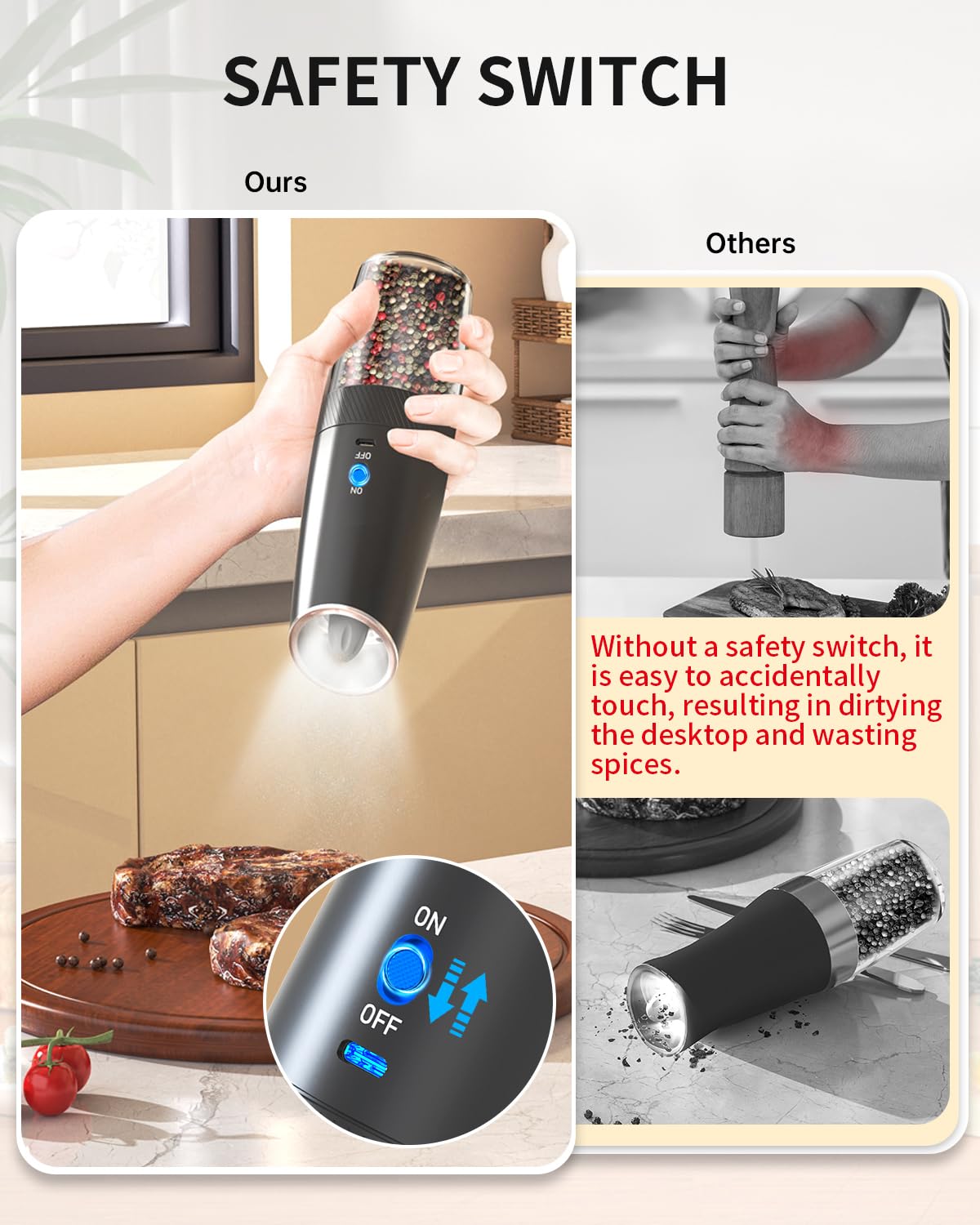 Circle Joy gravity grinder in action showing one-handed operation for easy seasoning
